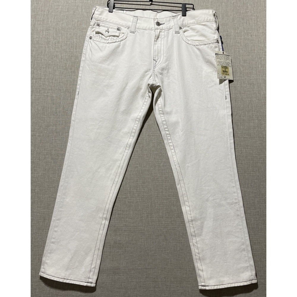 True Religion Straight Jeans Women's 38 White Gray Stitch Flap Meas. 40X31 NEW